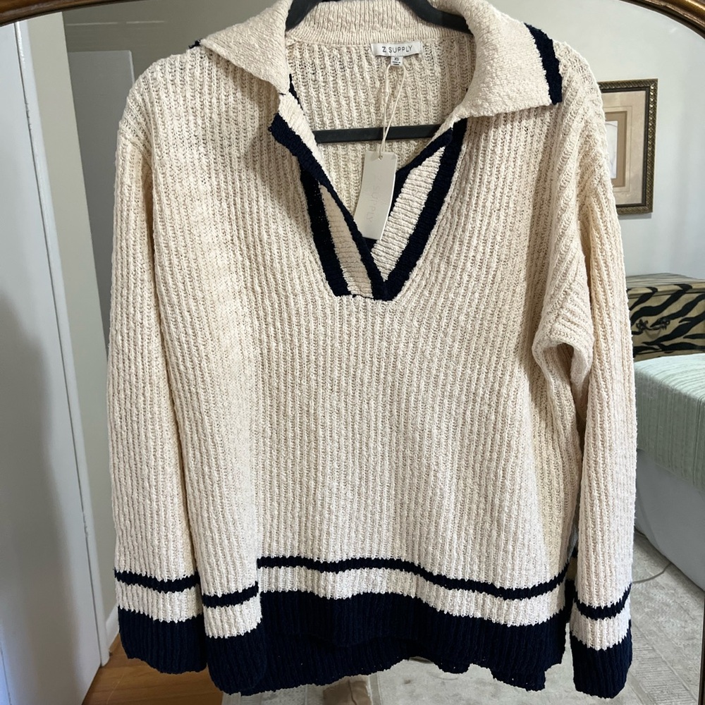 Z Supply Cream and Black V-Neck Sweater